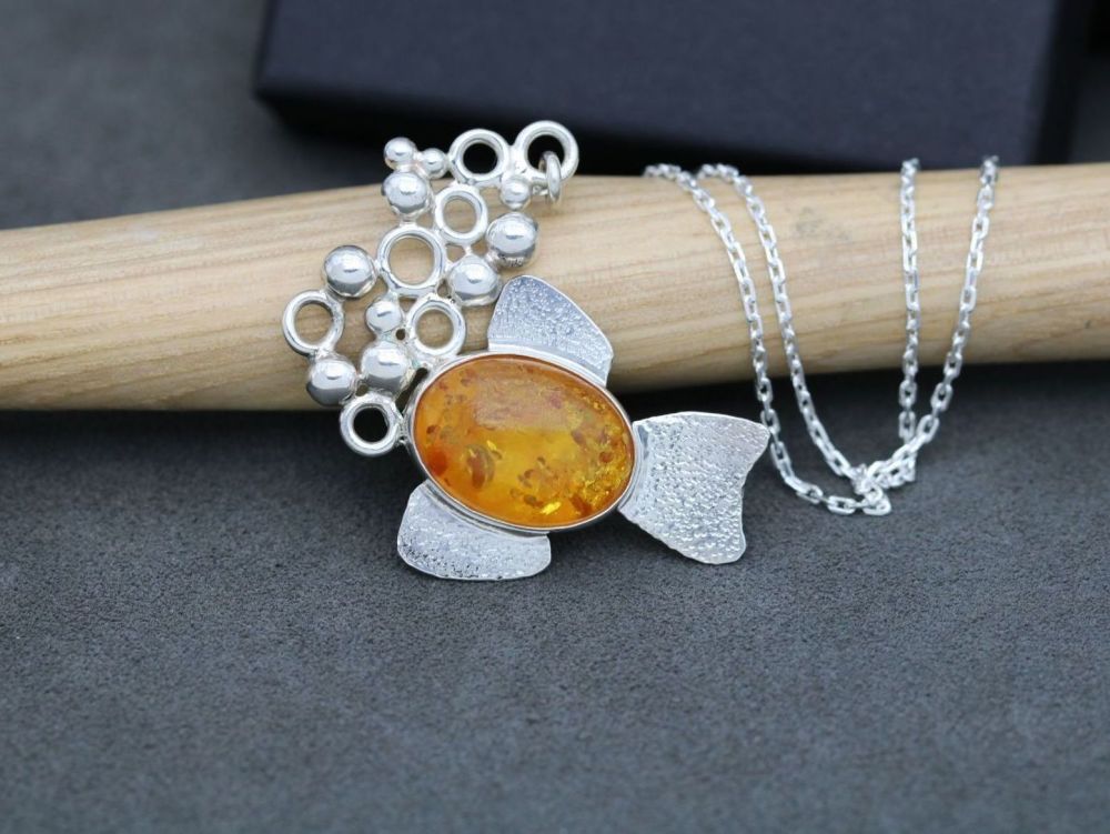 HANDMADE Sterling silver & amber 'Bubbles' with fish necklace