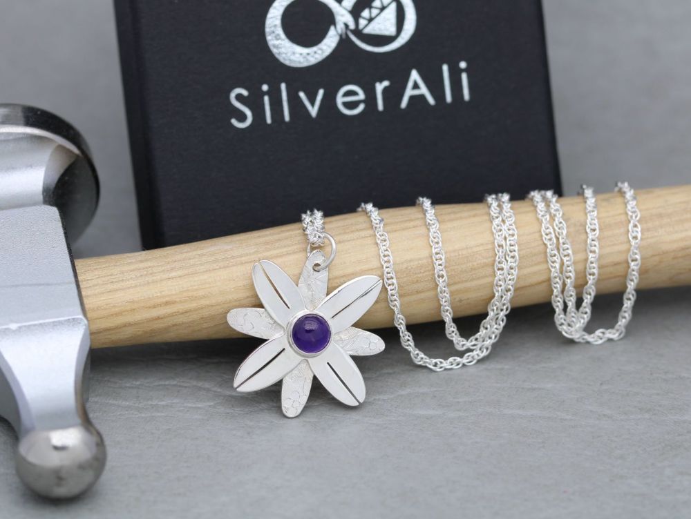 HANDMADE Sterling silver & amethyst textured flower necklace