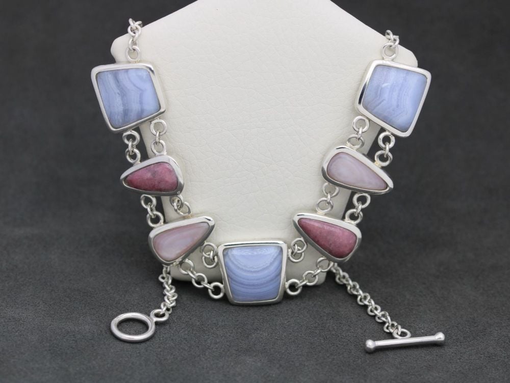 REFURBISHED Sterling silver, blue lace agate, mother of pearl & rhodonite toggle necklace