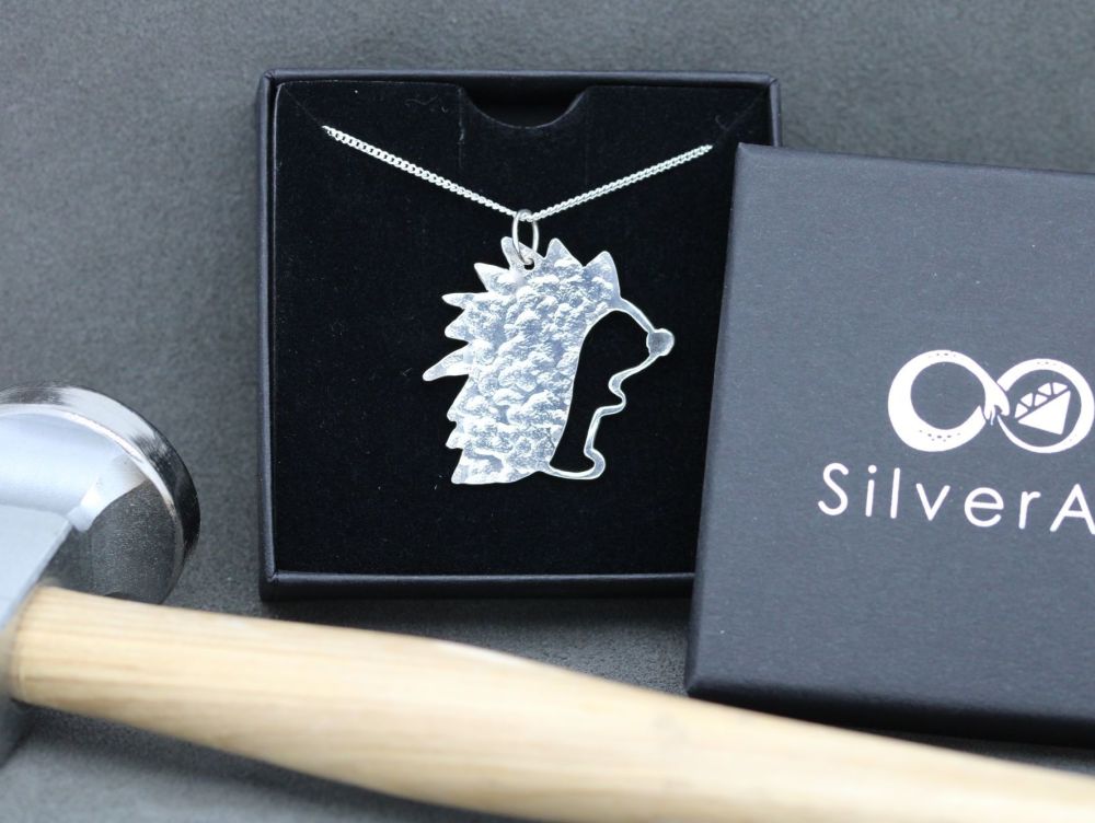 HANDMADE Textured sterling silver hedgehog necklace