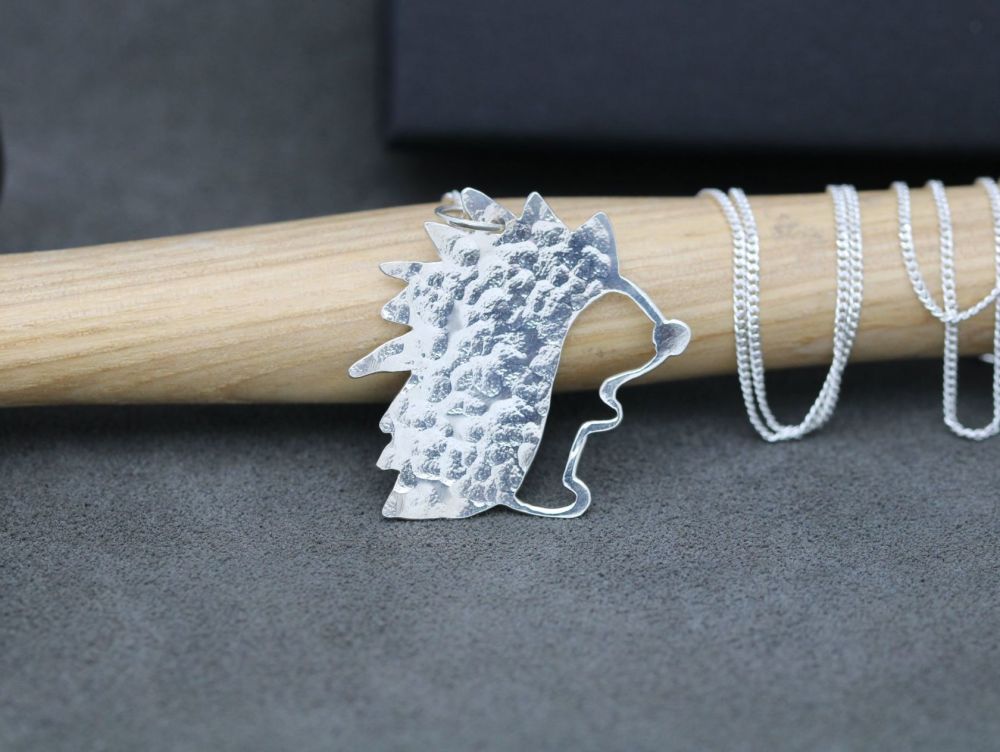 HANDMADE Textured sterling silver hedgehog necklace