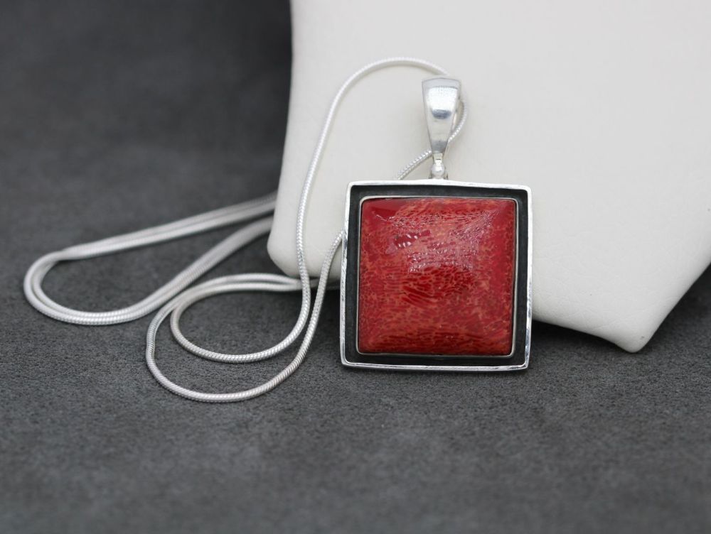 REFURBISHED Shadow box sterling silver & sponge coral necklace