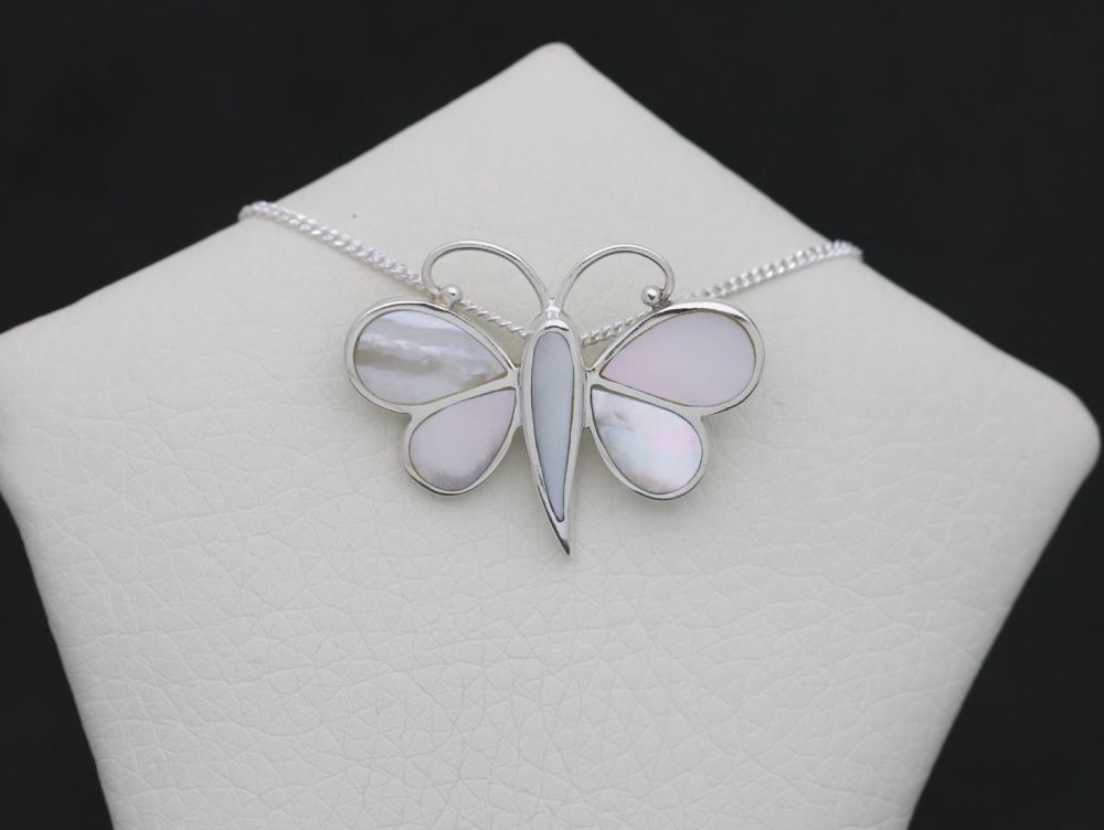 REFURBISHED Sterling silver & mother of pearl butterfly necklace