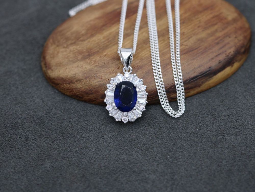 NEW Sterling silver cluster necklace with blue & clear stones
