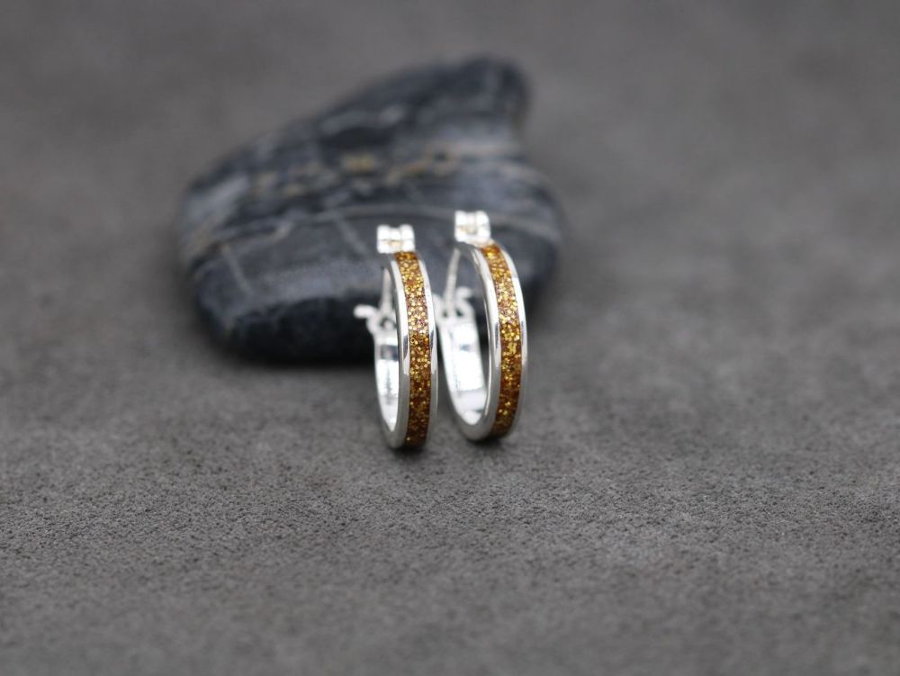 REFURBISHED Sterling silver hoop earrings with gold glitter inlay