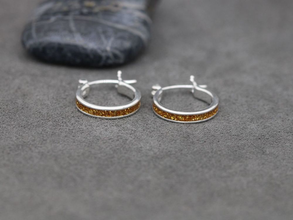 REFURBISHED Sterling silver hoop earrings with gold glitter inlay