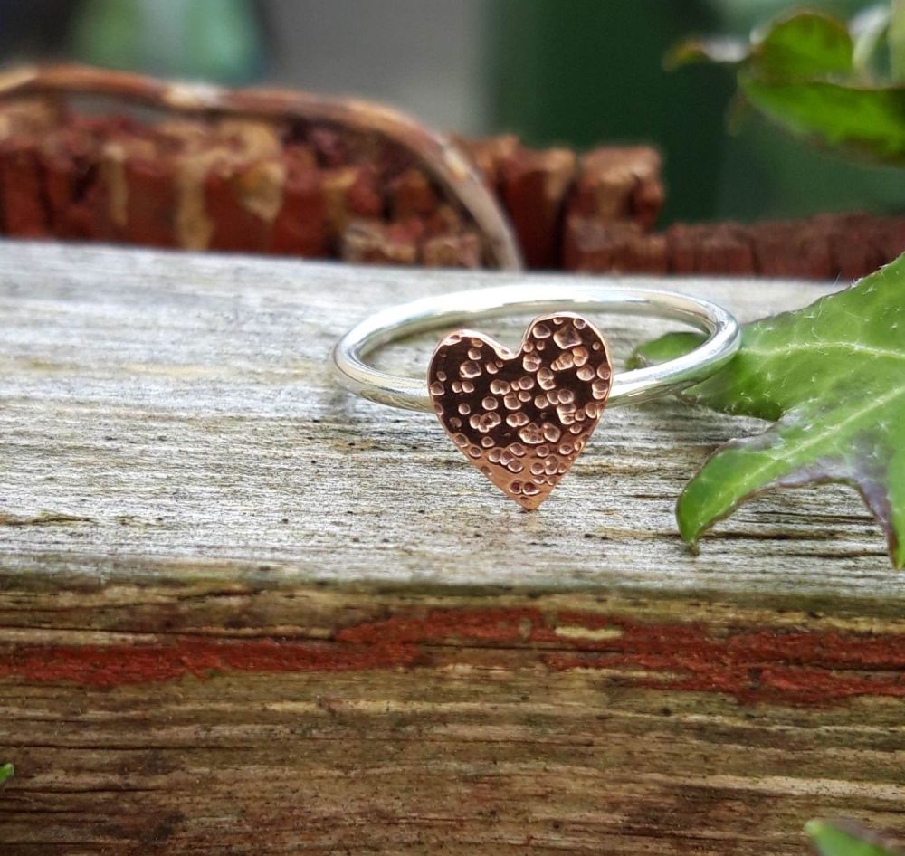 HANDMADE Hammered sterling silver & polished copper heart ring