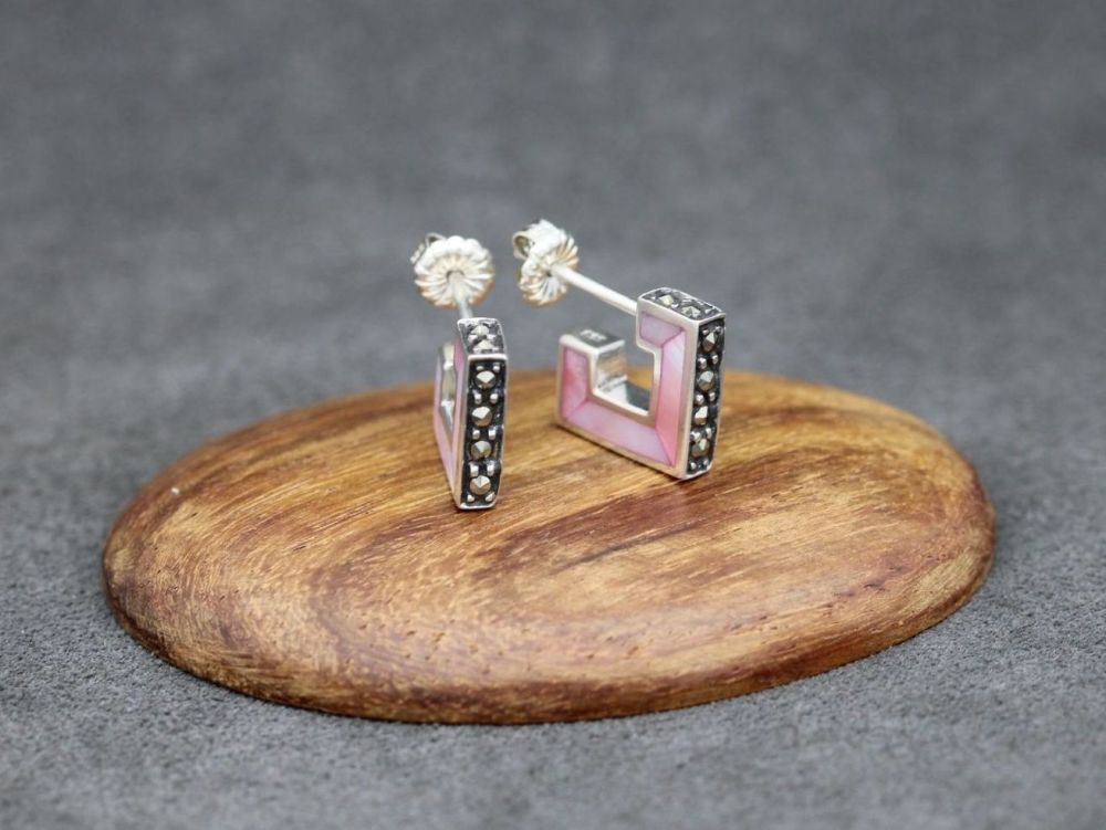 REFURBISHED Unusual sterling silver, pink mother of pearl & marcasite earrings