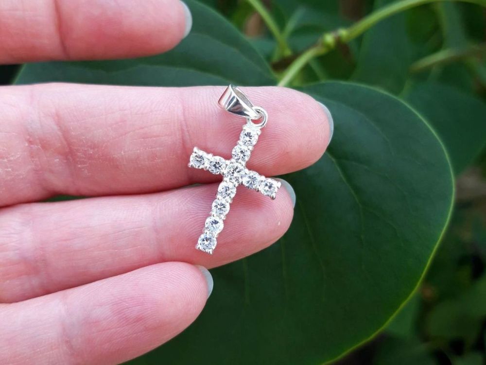 REFURBISHED Small sterling silver & clear stone cross pendant