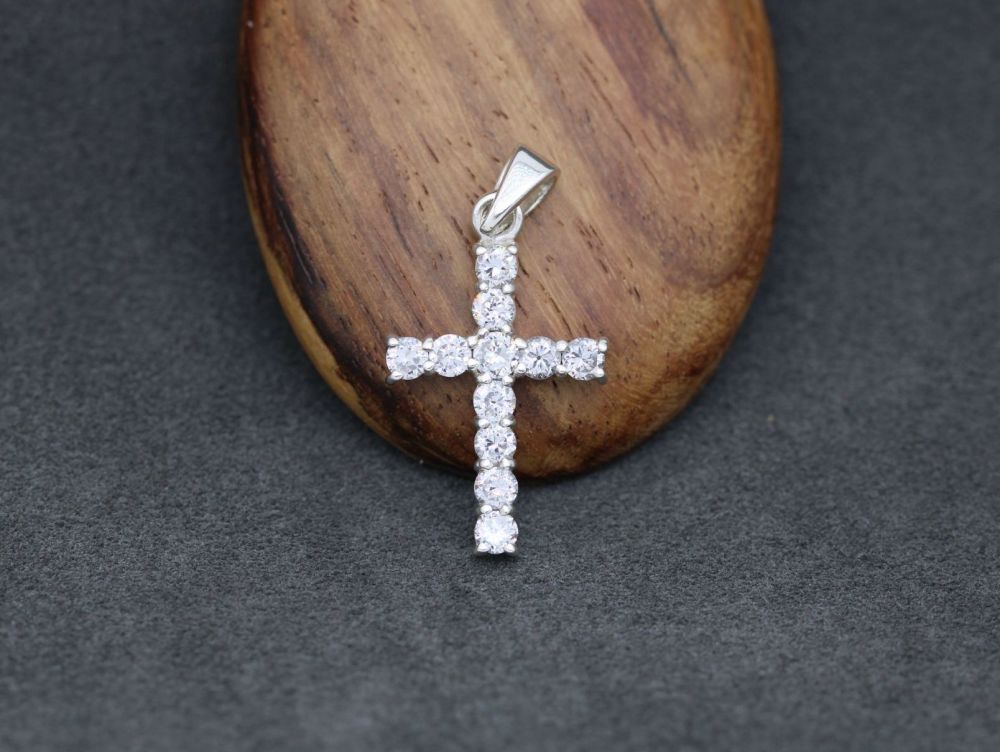 REFURBISHED Small sterling silver & clear stone cross pendant