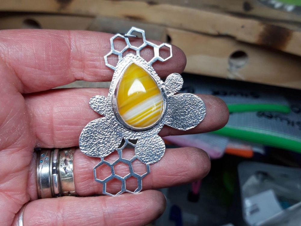 HANDMADE Sterling silver & yellow agate bee pendant & chain