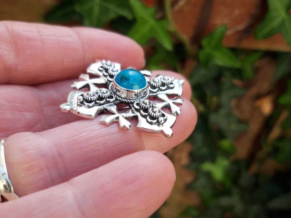 REFURBISHED Jerusalem silver & turquoise cross pendant / brooch