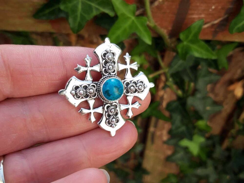 REFURBISHED Jerusalem silver & turquoise cross pendant / brooch