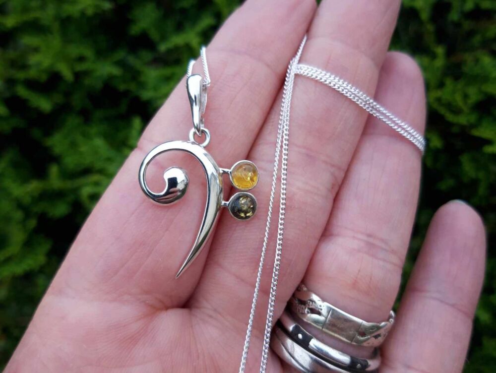 REFURBISHED Sterling silver & amber bass clef symbol necklace