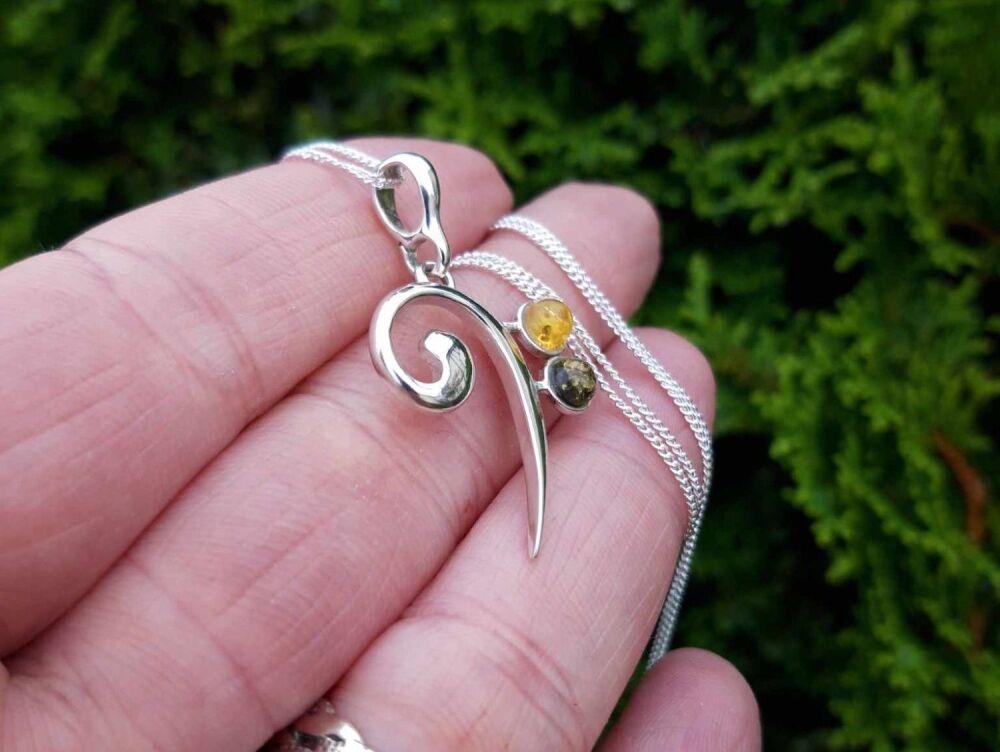 REFURBISHED Sterling silver & amber bass clef symbol necklace