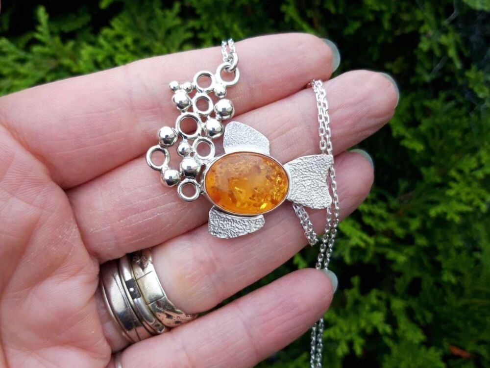 HANDMADE Sterling silver & amber 'Bubbles' with fish necklace