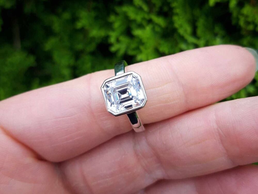 REFURBISHED Bold sterling silver & clear emerald-cut stone solitaire ring (