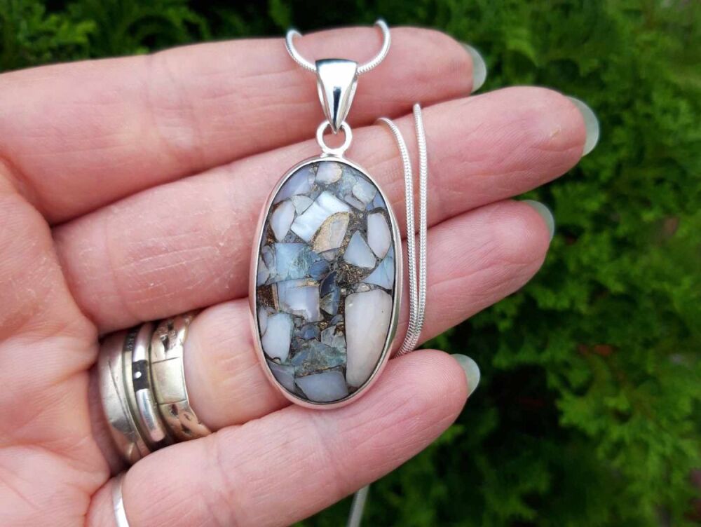 REFURBISHED Sterling silver necklace with a mixed mosaic gemstone pendant