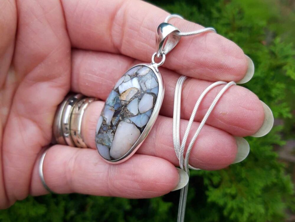 REFURBISHED Sterling silver necklace with a mixed mosaic gemstone pendant