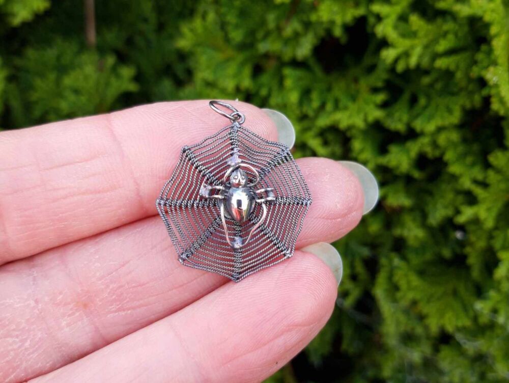 REFURBISHED Oxidised sterling silver spider web pendant