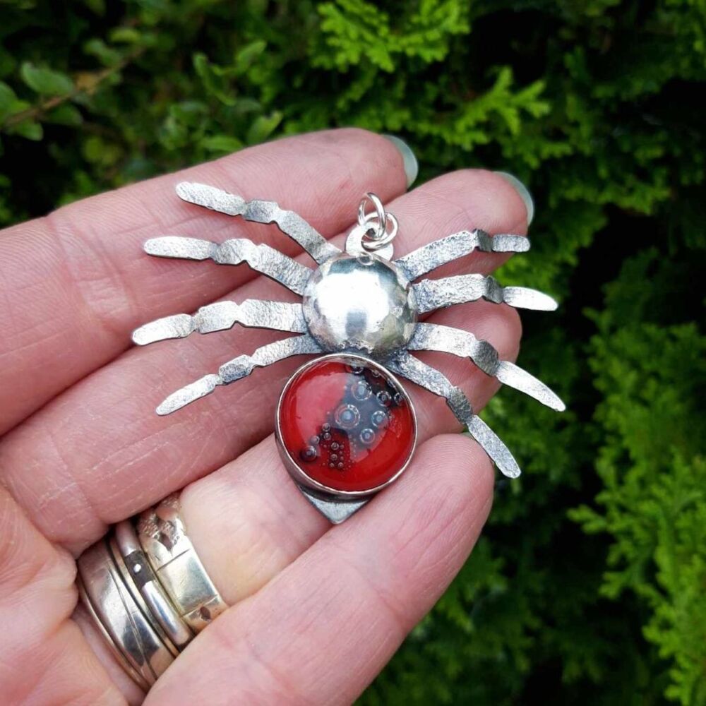 HANDMADE Sterling silver & art glass spider pendant