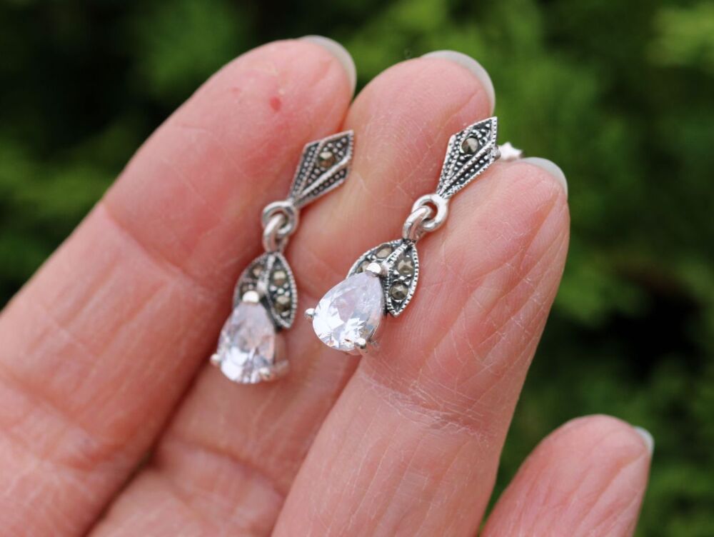 REFURBISHED Sterling silver, marcasite & clear stone dropper earrings