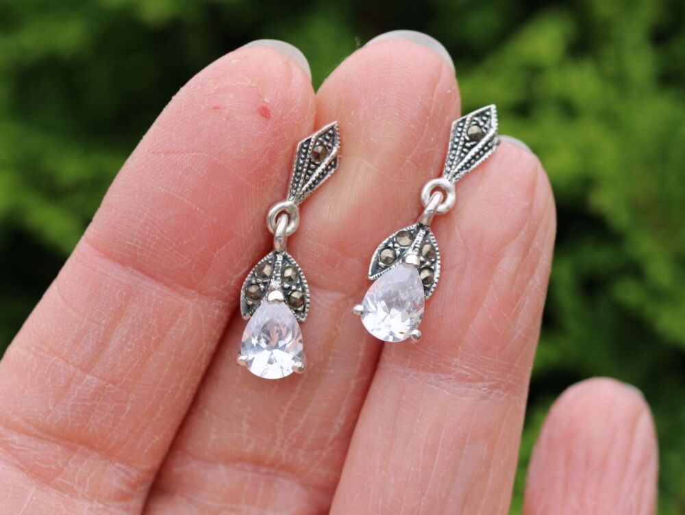 REFURBISHED Sterling silver, marcasite & clear stone dropper earrings