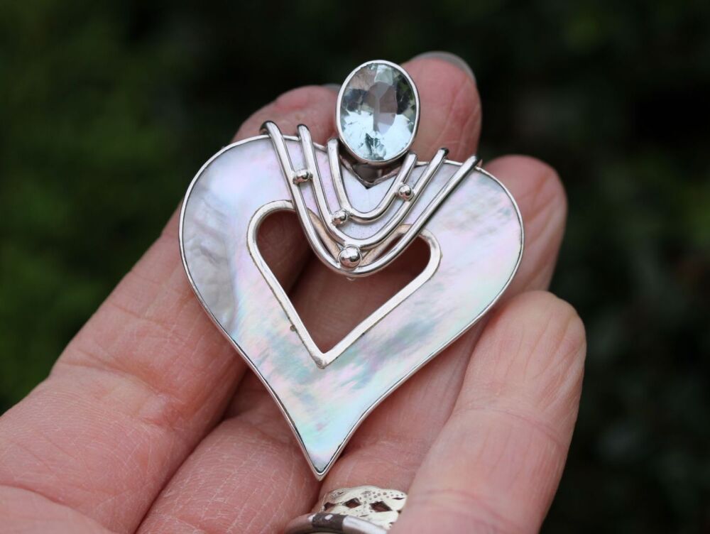 REFURBISHED Large unusual sterling silver, blue topaz & mother of pearl hea