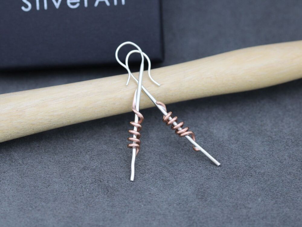 HANDMADE Sterling silver drop earrings with copper spirals