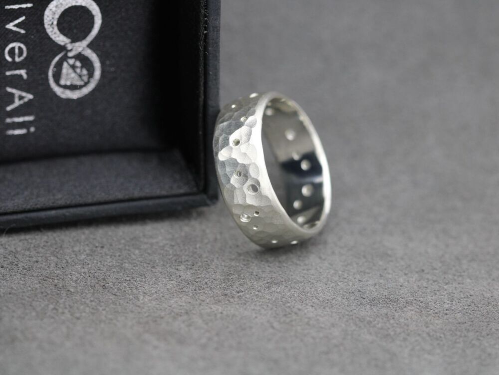 HANDMADE Hammered & perforated sterling silver ring with a satin finish (W)