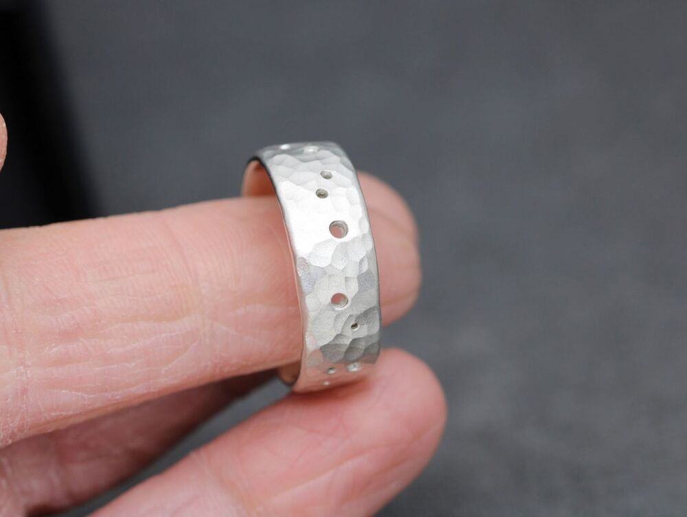 HANDMADE Hammered & perforated sterling silver ring with a satin finish (W)