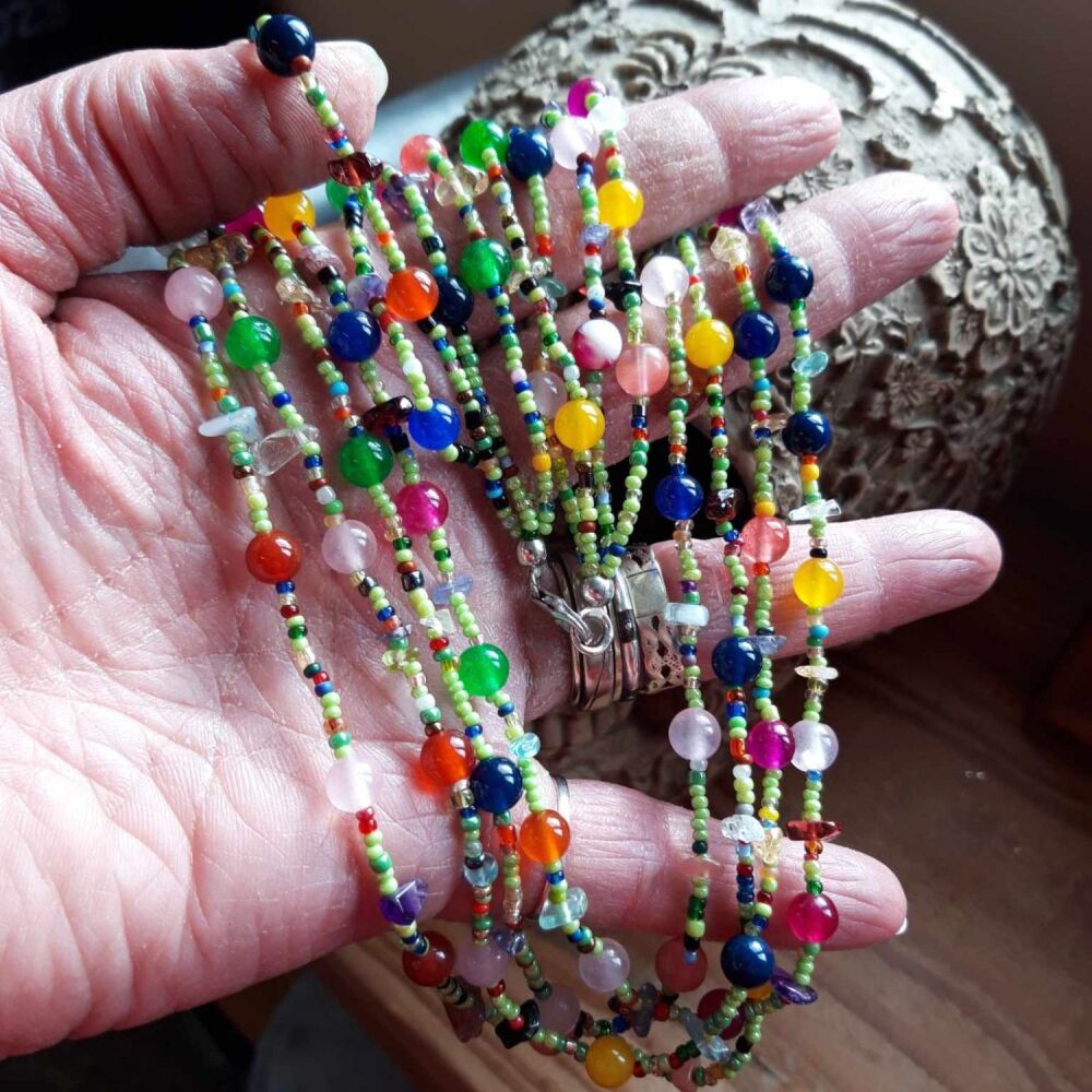 REFURBISHED Multi-strand gemstone & seed bead necklace with a sterling silver clasp