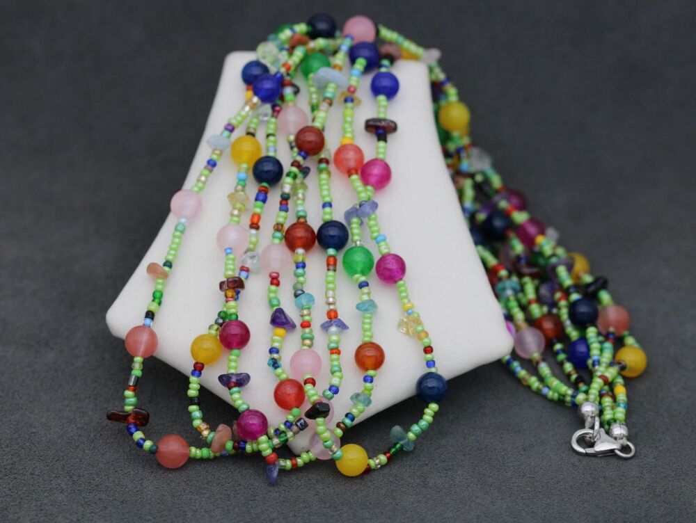 REFURBISHED Multi-strand gemstone & seed bead necklace with a sterling silver clasp