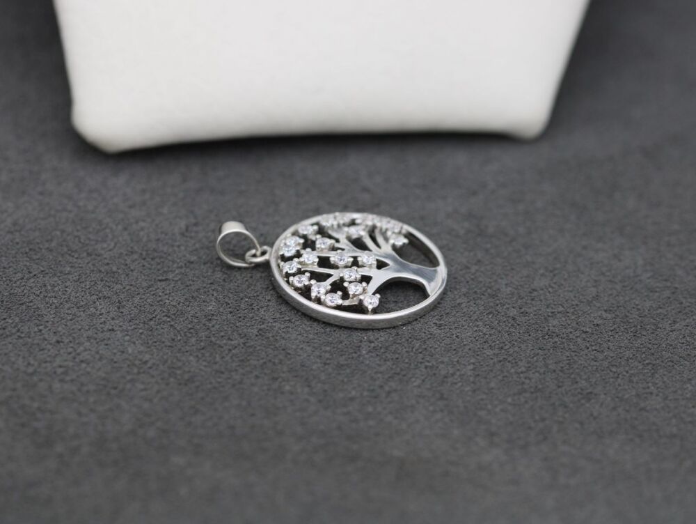 REFURBISHED Small sterling silver & clear stone tree of life pendant