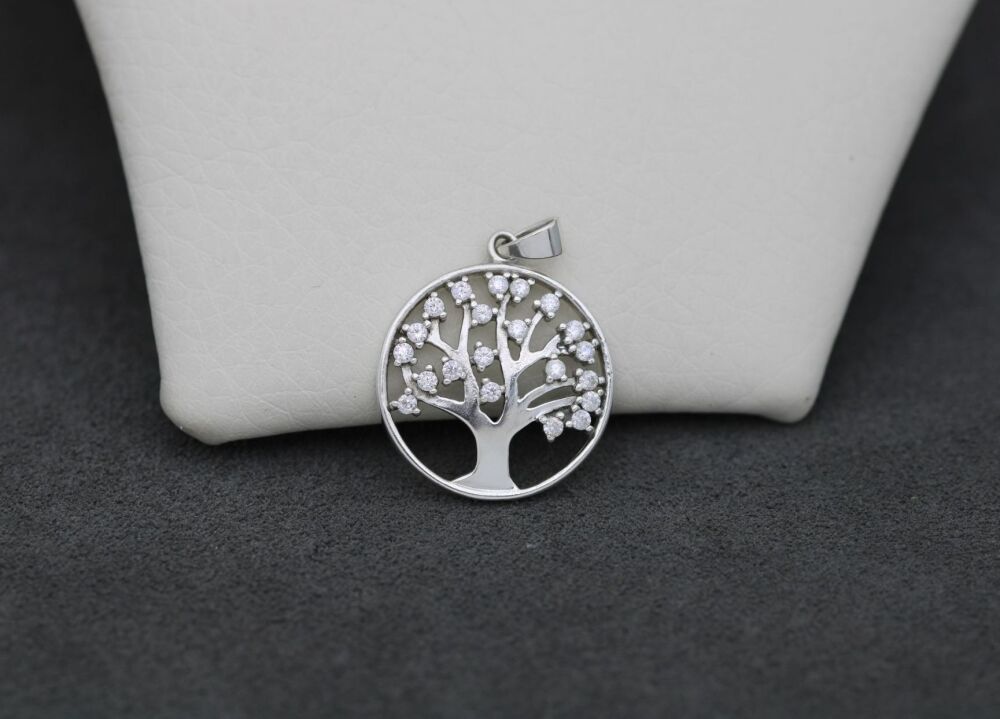 REFURBISHED Sterling silver tree of life pendant with clear stone detail