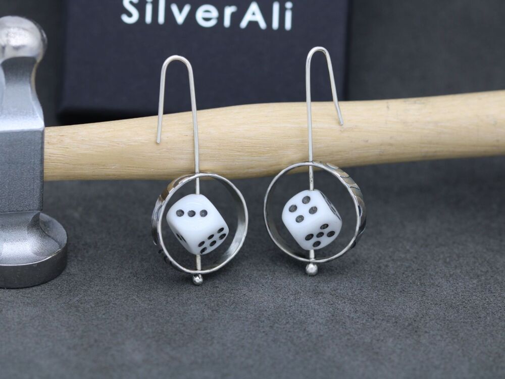 HANDMADE Sterling silver & white glass dice earrings