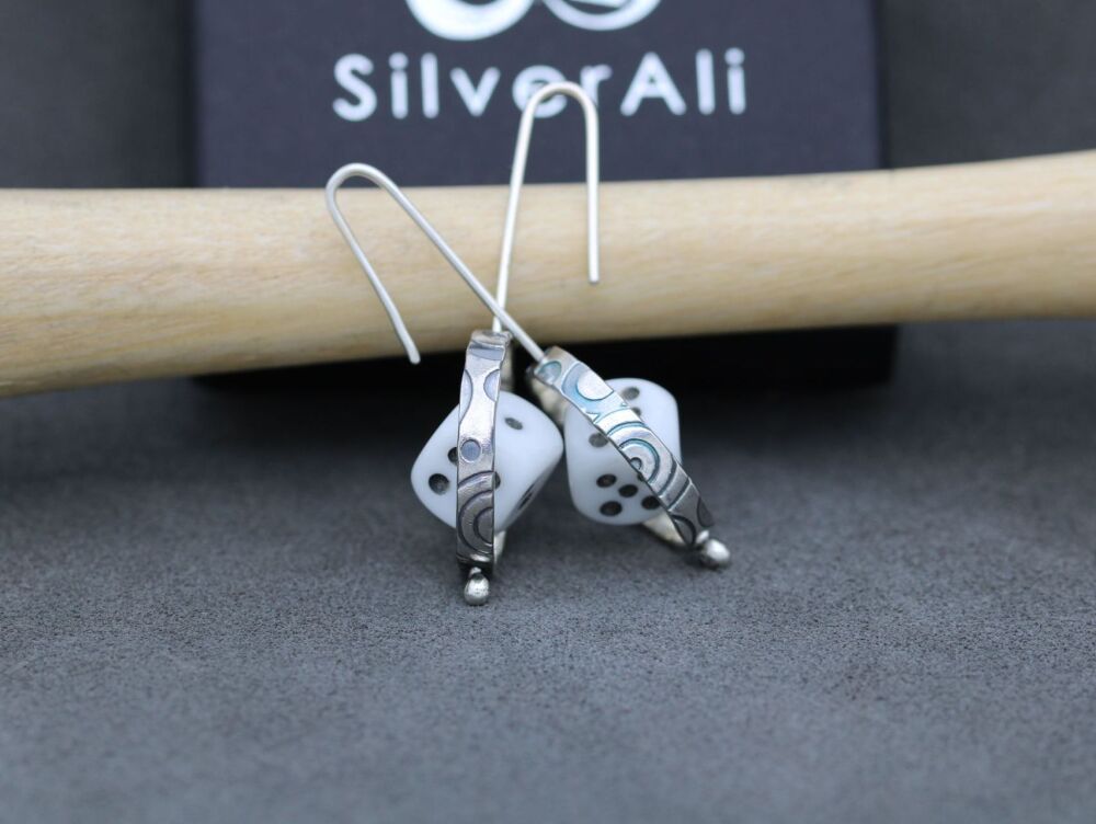 HANDMADE Sterling silver & white glass dice earrings