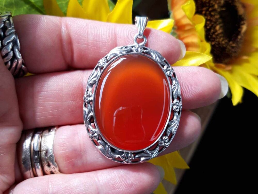 REFURBISHED Vintage sterling silver framed carnelian pendant