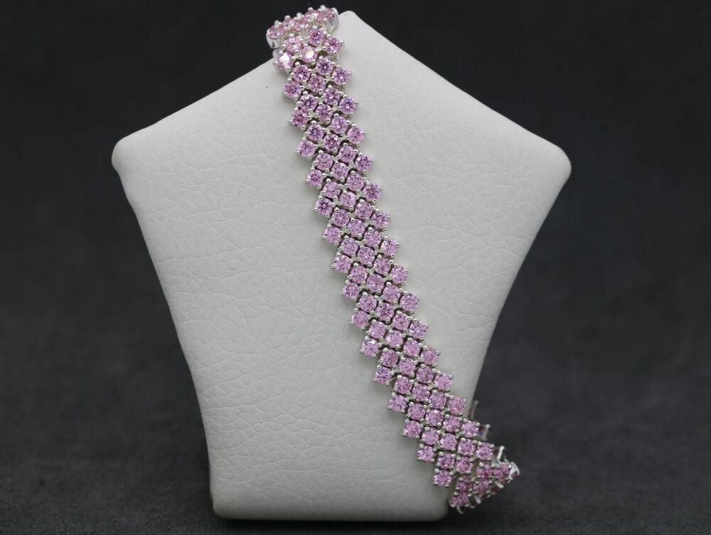 REFURBISHED Wide sterling silver & pink stone tennis bracelet with safety *