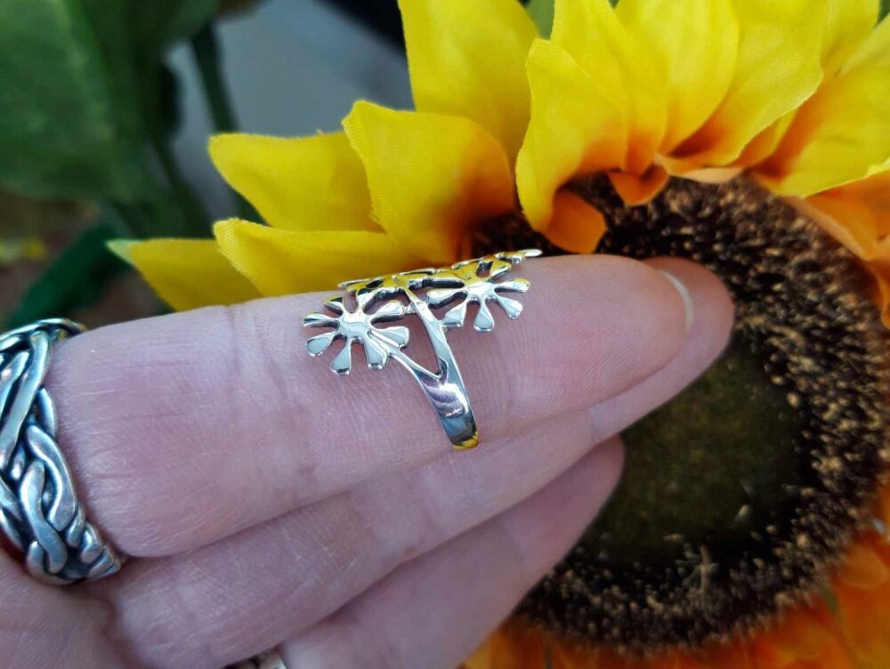 REFURBISHED Long sterling silver flowers ring (M)
