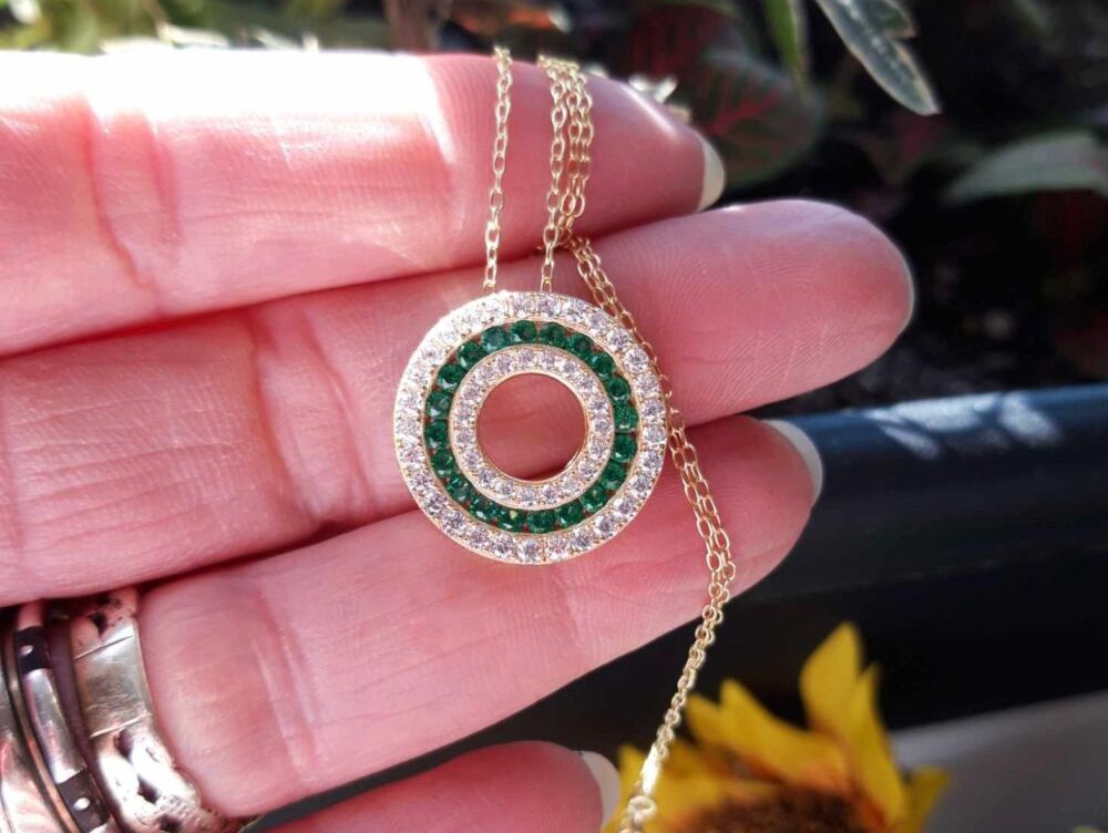 REFURBISHED Gilt sterling silver necklace with green & clear stones