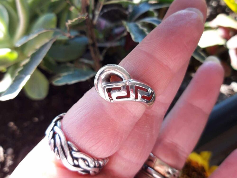 REFURBISHED Unusual asymmetric sterling silver ring with a Greek key pattern (L)