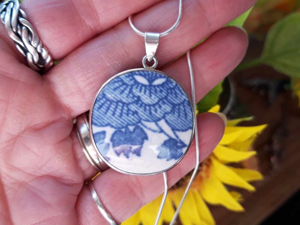 REFURBISHED Sterling silver & blue and white china necklace