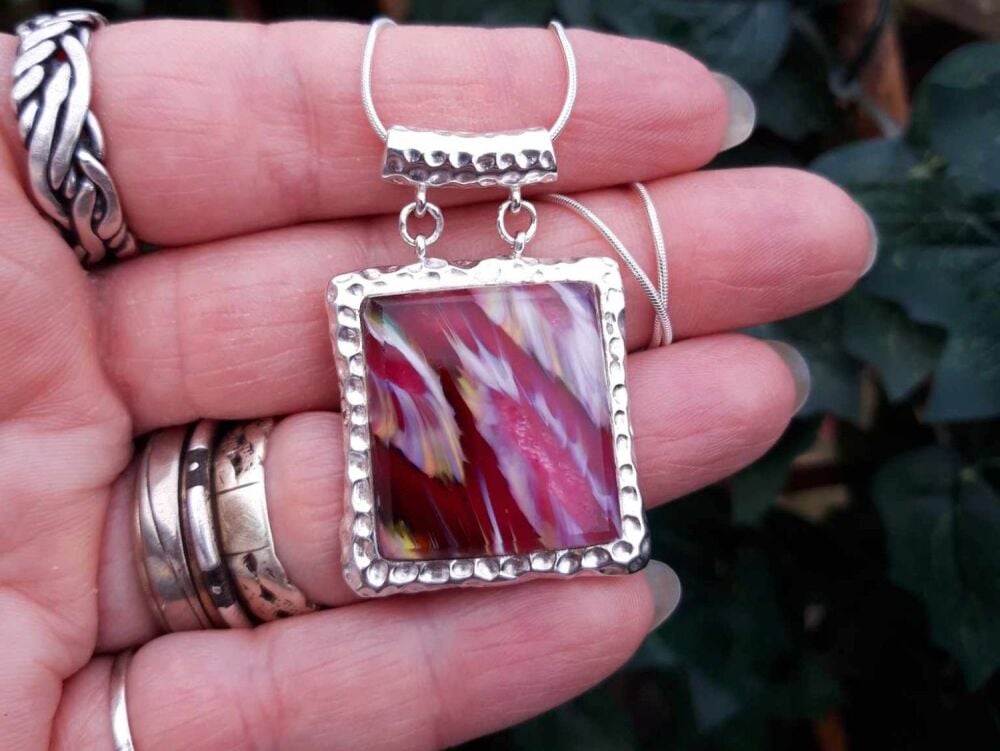 REFURBISHED Sterling silver & pink fused glass necklace