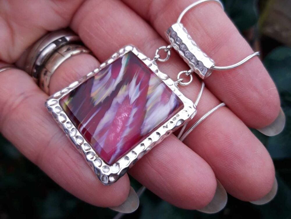 REFURBISHED Sterling silver & pink fused glass necklace