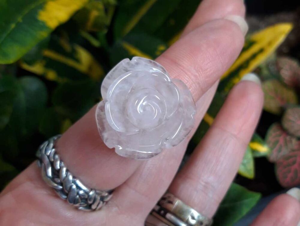 REFURBISHED Statement sterling silver & carved rose quartz rose ring (N)