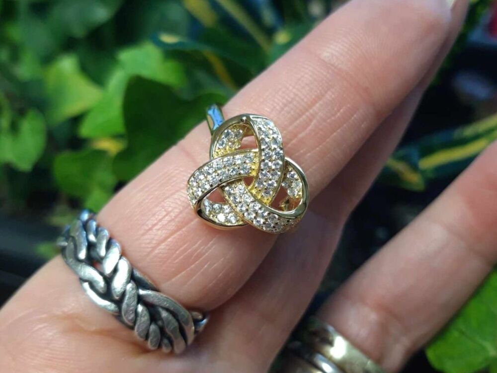 REFURBISHED Gold plated sterling silver knot ring with tiny clear stones (R)