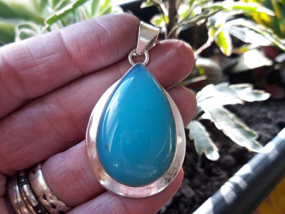 REFURBISHED Statement sterling silver teardrop pendant set with blue chalcedony