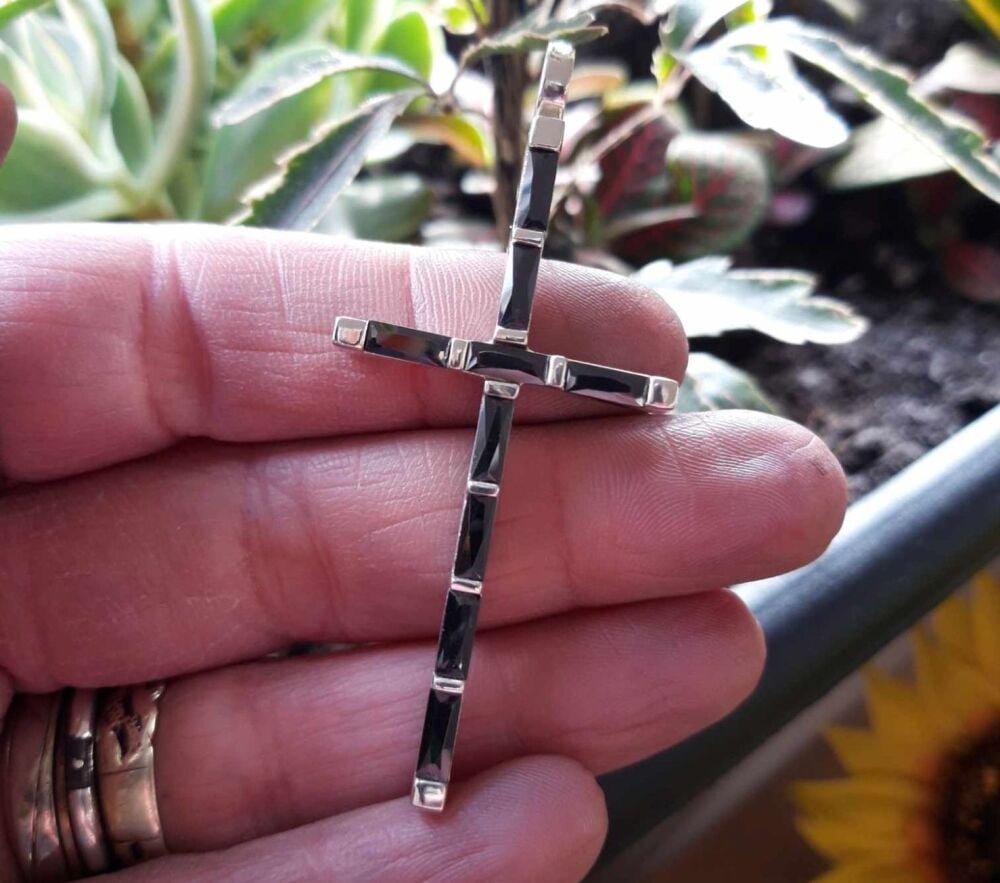 REFURBISHED Unusual sterling silver cross pendant with black cubic zirconia