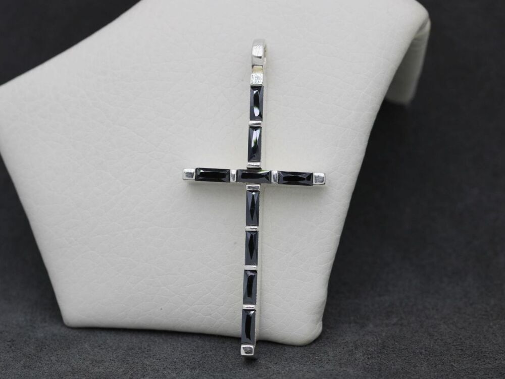 REFURBISHED Unusual sterling silver cross pendant with black cubic zirconia